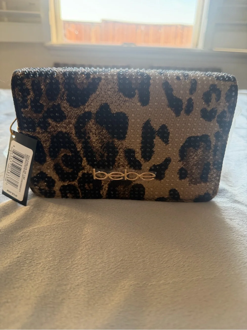 bebe Leopard Beaded Crossbody in Gold and Black
